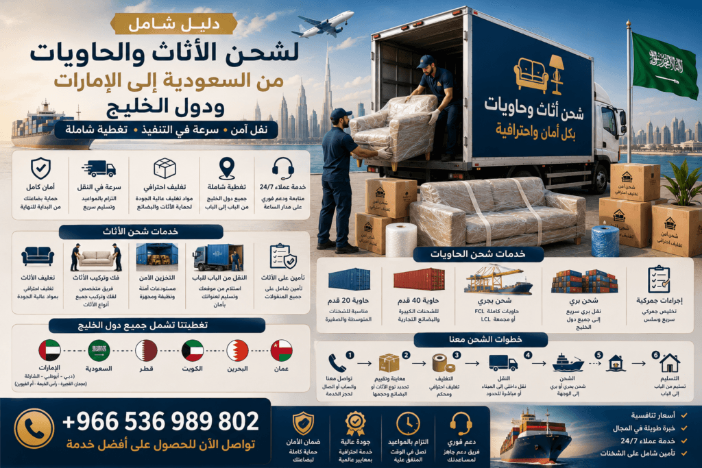 شحن الأثاث والحاويات من السعودية إلى الإمارات ودول الخليج